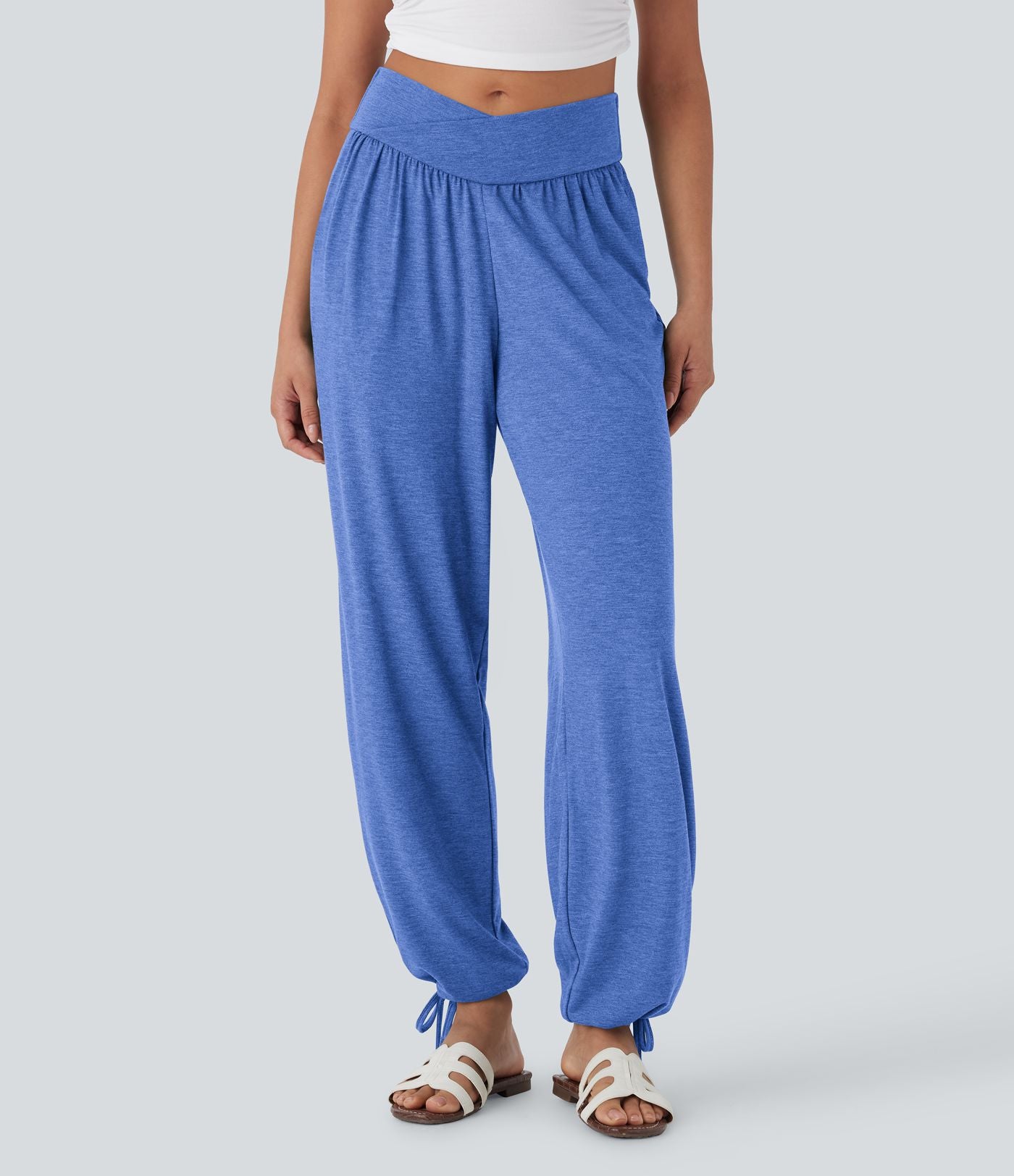 Pantalon de jogging décontracté à taille haute croisée avec poches latérales et cordon de serrage