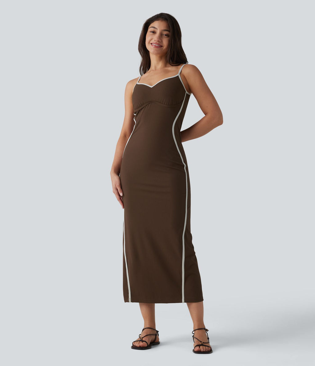 Robe nuisette casual midi côtelée color block à décolleté cœur avec coussinets intégrés non amovibles