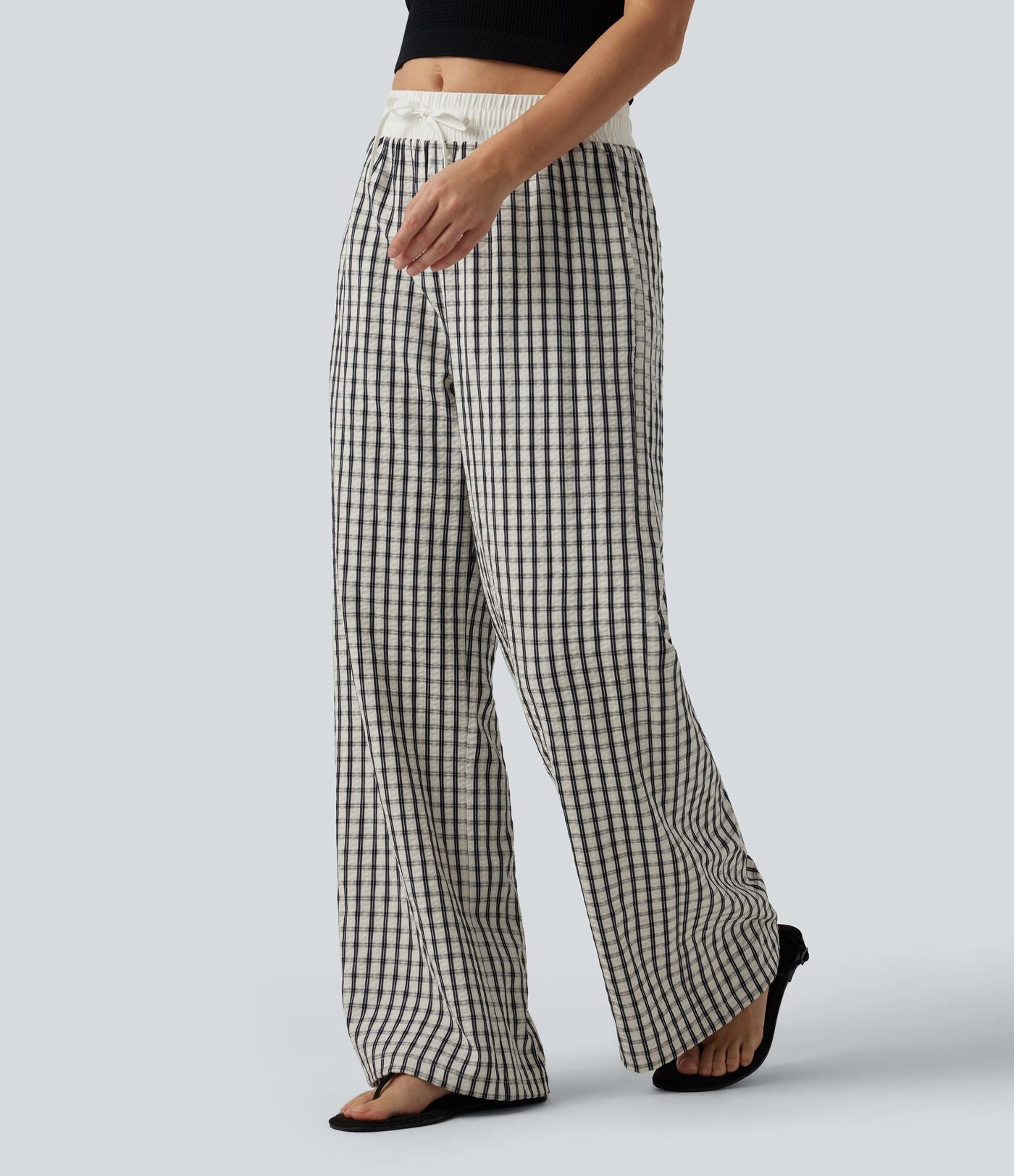 Pantalon large décontracté à carreaux taille mi-haute avec cordon de serrage et poches
