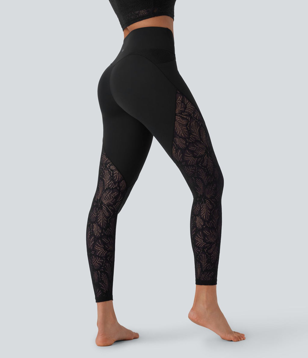 Legging de yoga 7/8 taille haute avec poches latérales, dos croisé et dentelle contrastante Softlyzero™-UPF50+