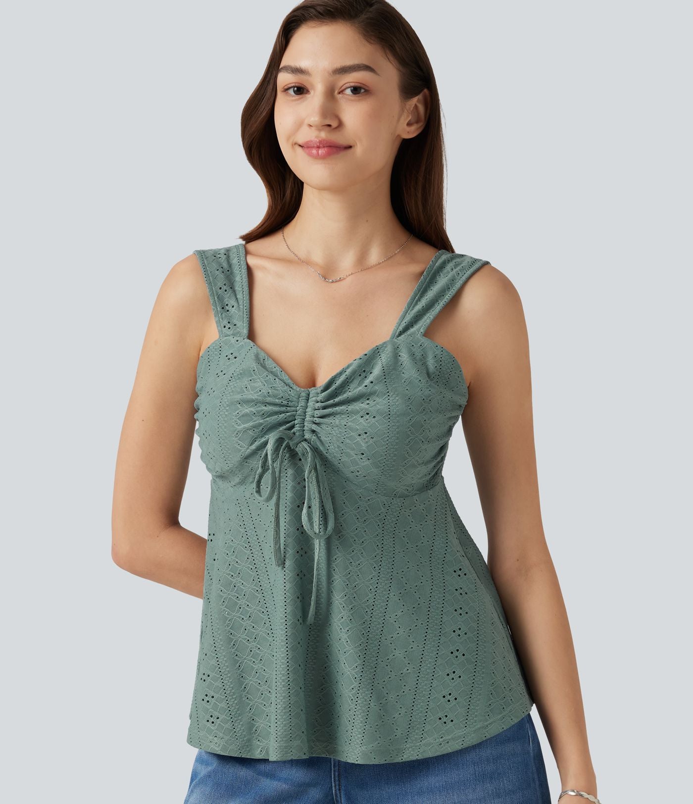 Débardeur décontracté froncé avec cordon de serrage, broderie anglaise et soutien-gorge intégré