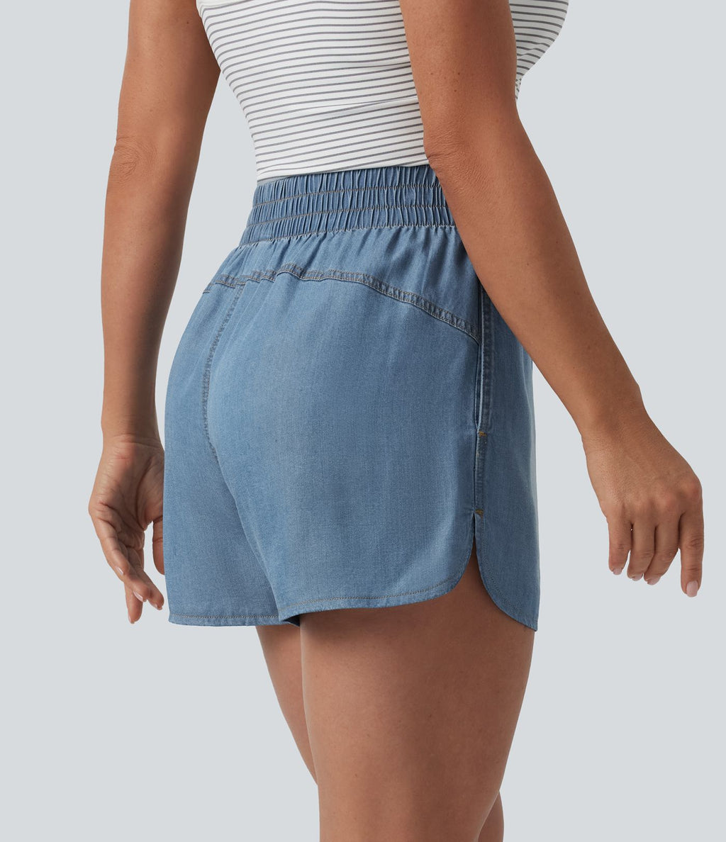 Short en jean décontracté taille mi-haute en lyocell drapé, 9 cm, avec poches