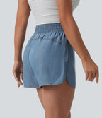 Short en jean décontracté taille mi-haute en lyocell drapé, 9 cm, avec poches