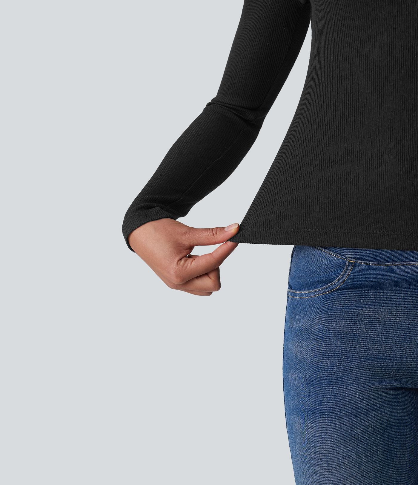 T-shirt décontracté maille côtelée semi-transparent col rond manches longues