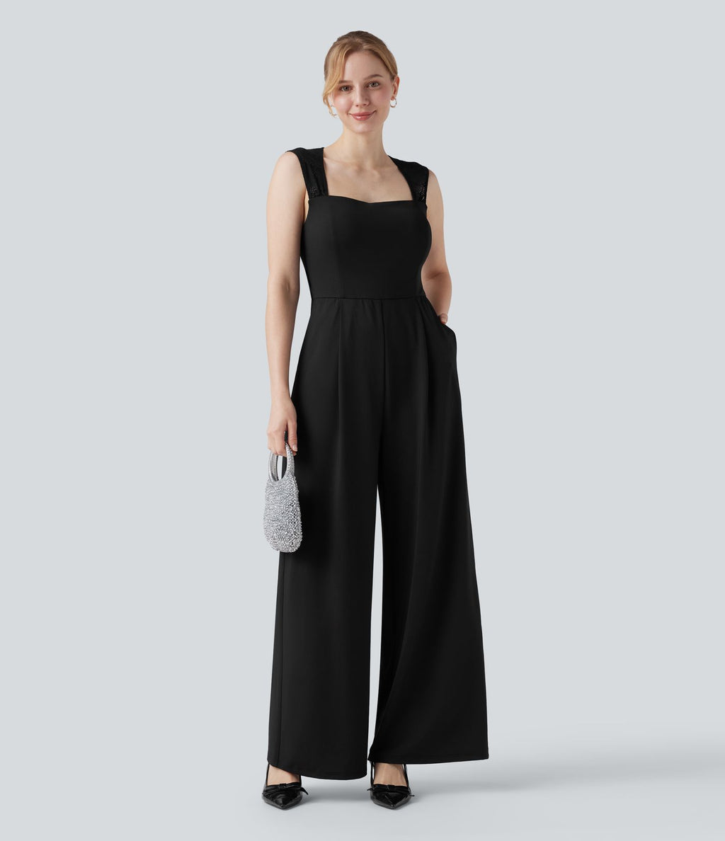 Combinaison-pantalon de mariage et demoiselle d'honneur sans manches encolure carrée avec dentelle contrastée et poches - Easy Peasy