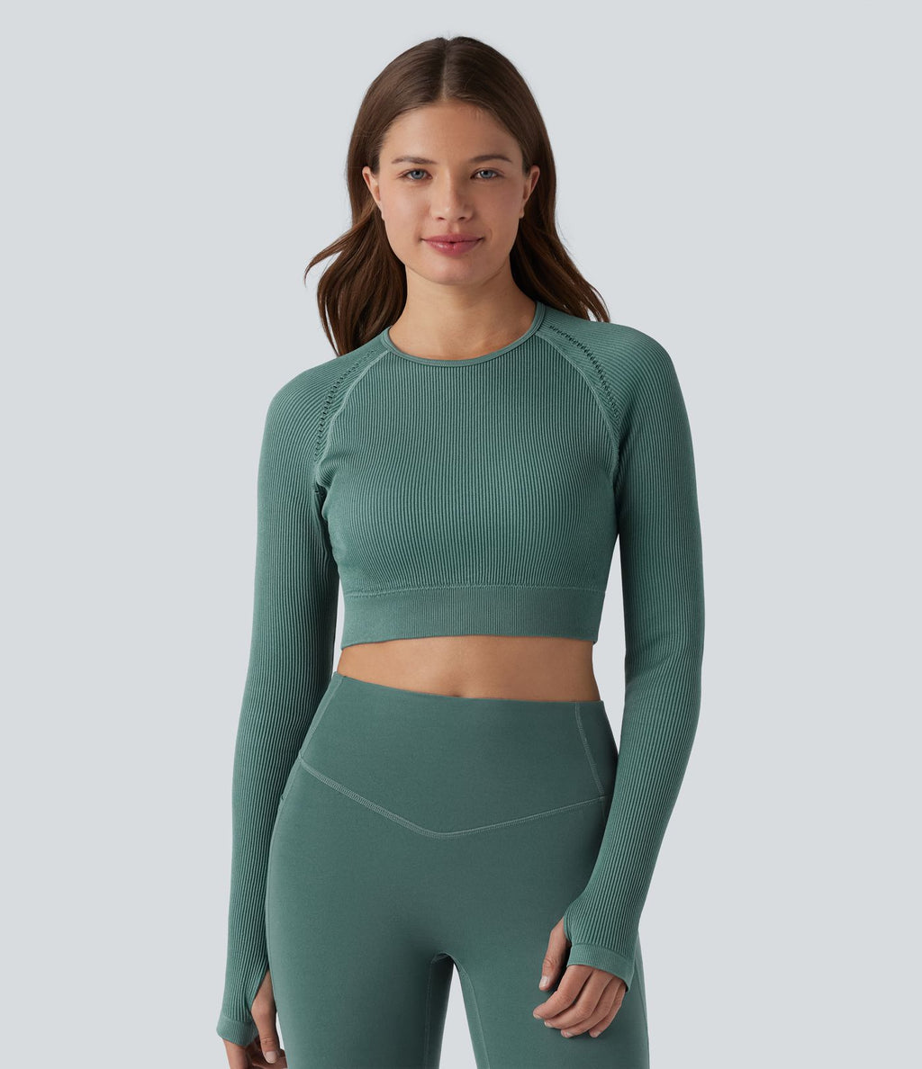 OneForm Seamless Flow Top de sport court yoga dos nu à manches longues raglan avec passants pouces