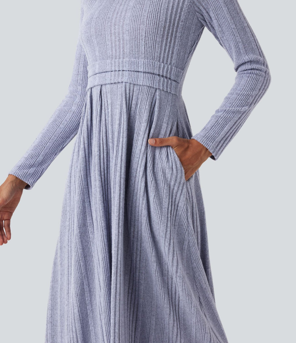 Robe maxi casual évasée col rond manches longues