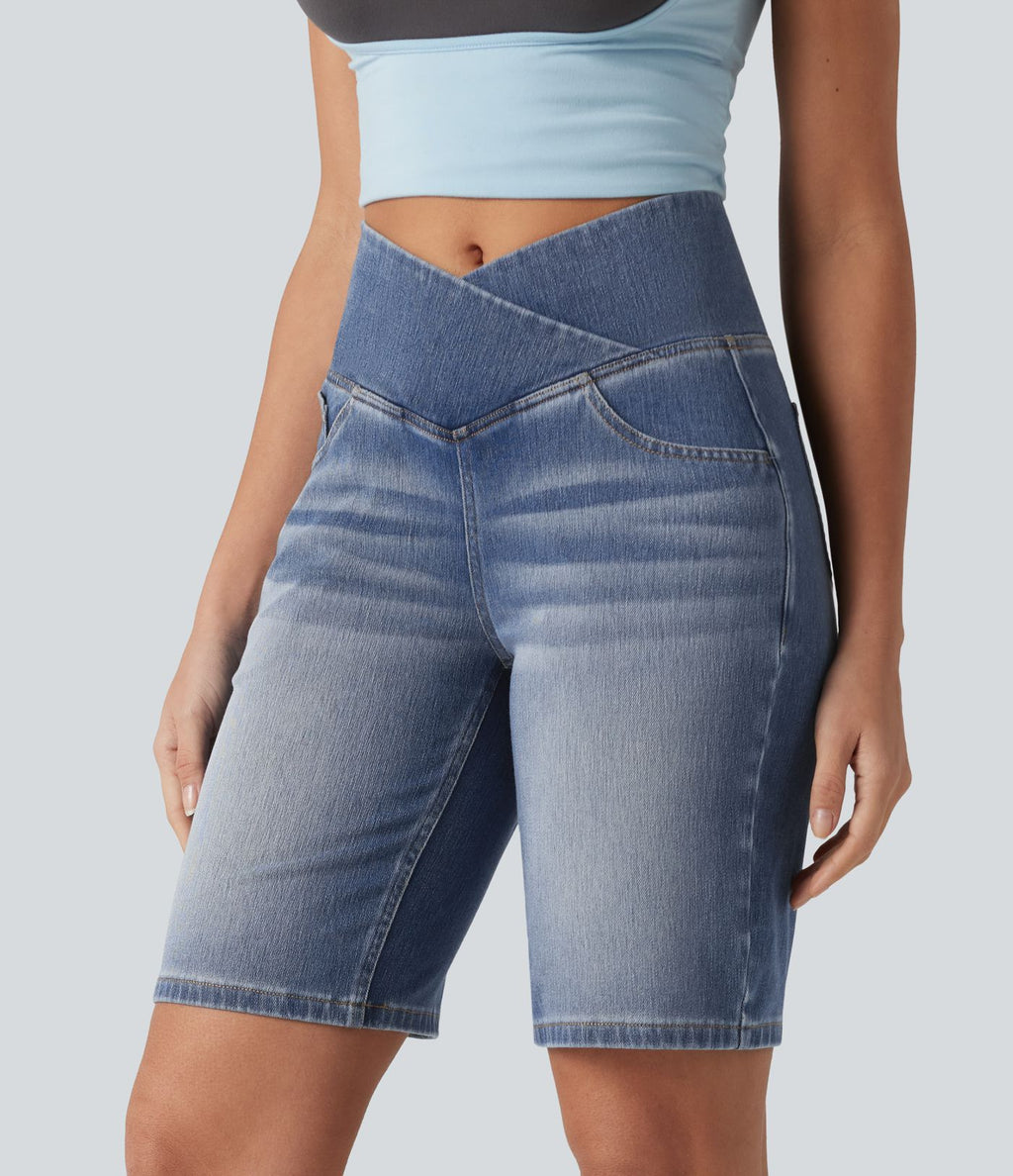 Short en jean Halara Flex™ casual gainant taille haute croisée avec poches