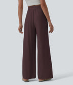 Pantalon casual large mélange lin taille haute avec cordon de serrage et poches