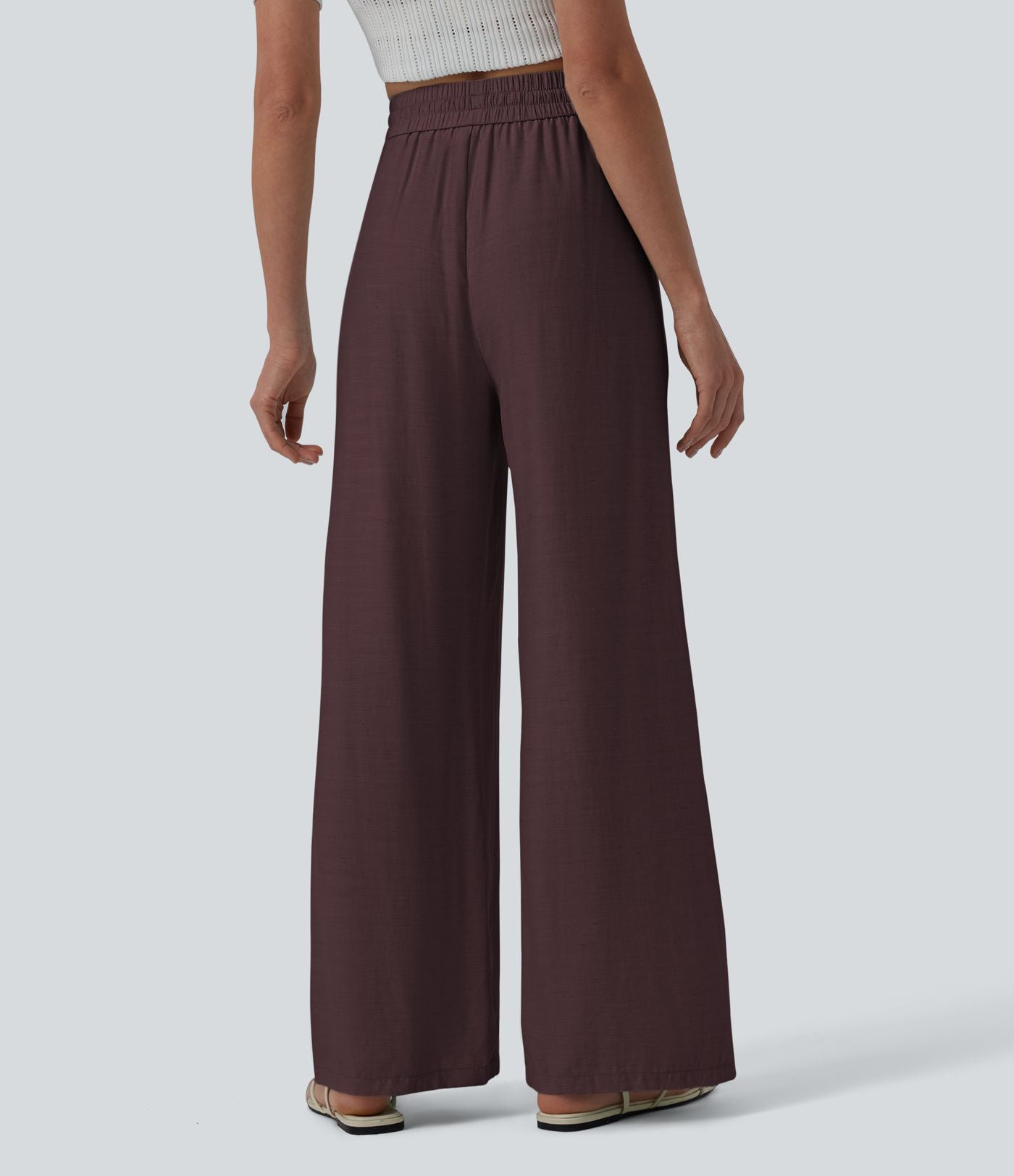 Pantalon casual large mélange lin taille haute avec cordon de serrage et poches
