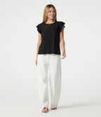 Top casual col rond à manches à volants en broderie anglaise