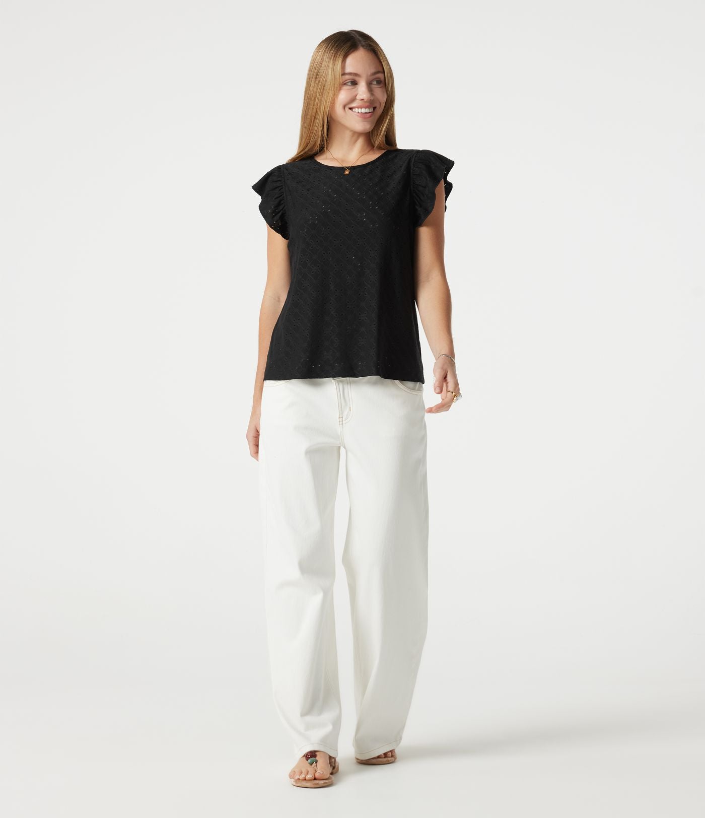 Top casual col rond à manches à volants en broderie anglaise