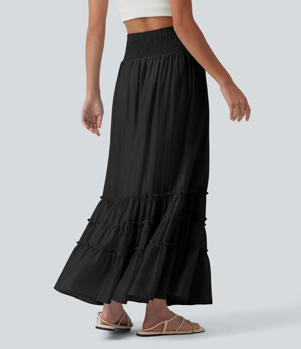 Jupe longue fluide à volants taille haute – Style resort