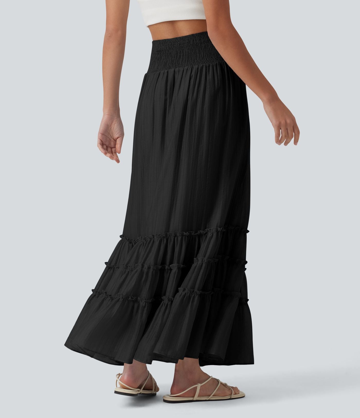 Jupe longue fluide à volants taille haute – Style resort