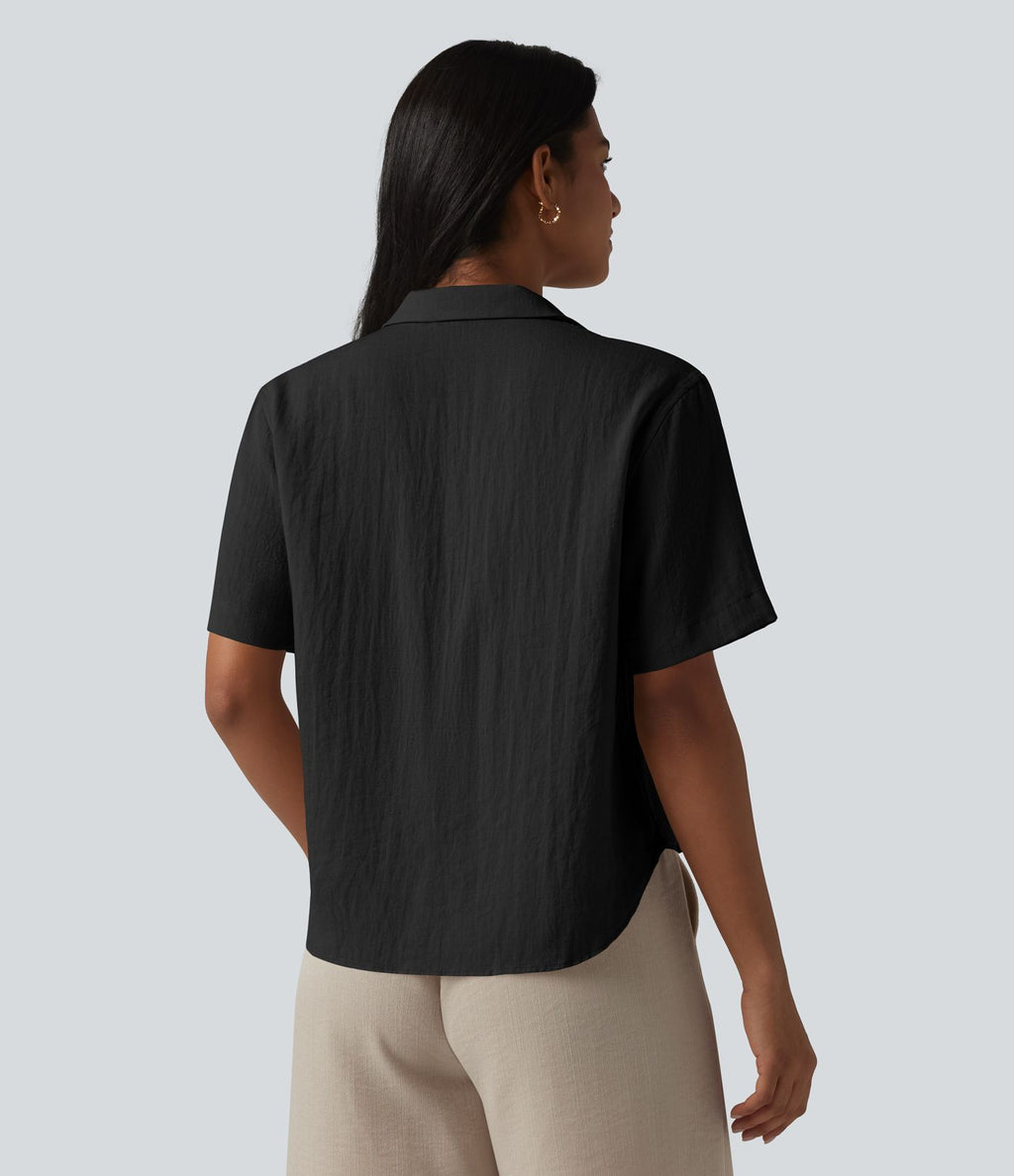 Chemise décontractée col cranté manches courtes en mélange lyocell et lin