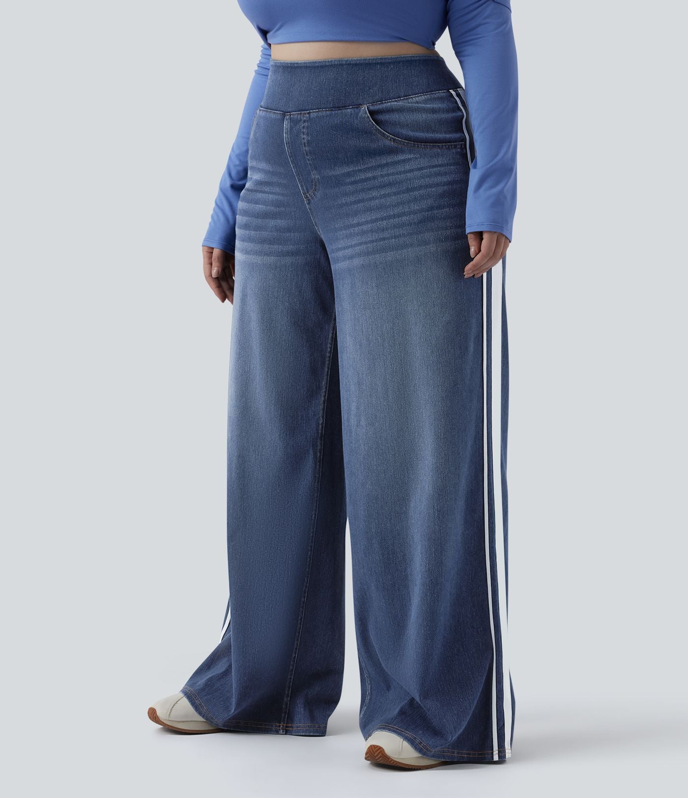Halara Flex™ Jean large fluide taille haute à rayures délavé décontracté grande taille avec poches