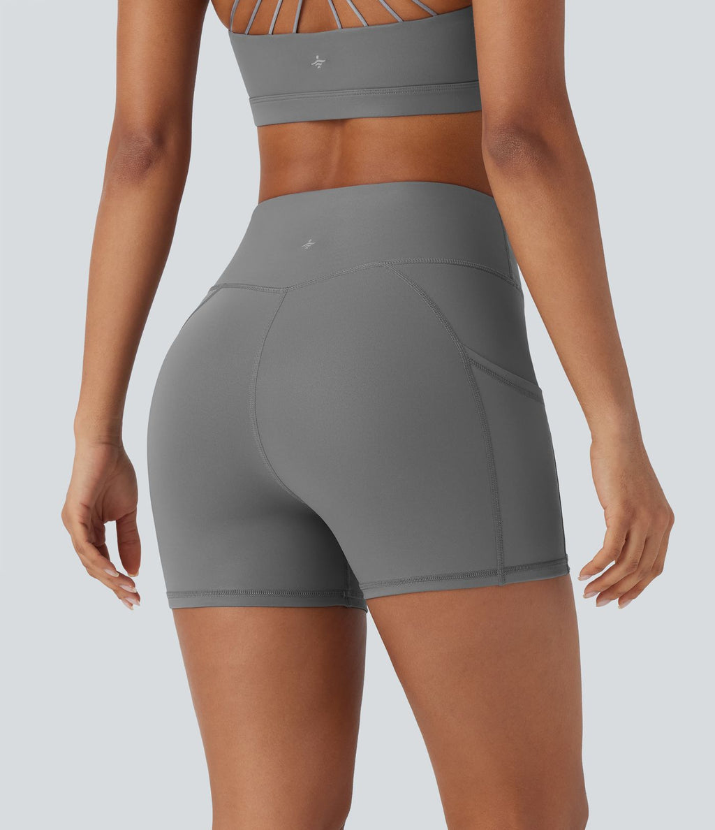 Short cycliste de yoga en similicuir à taille haute avec poches latérales 10 cm