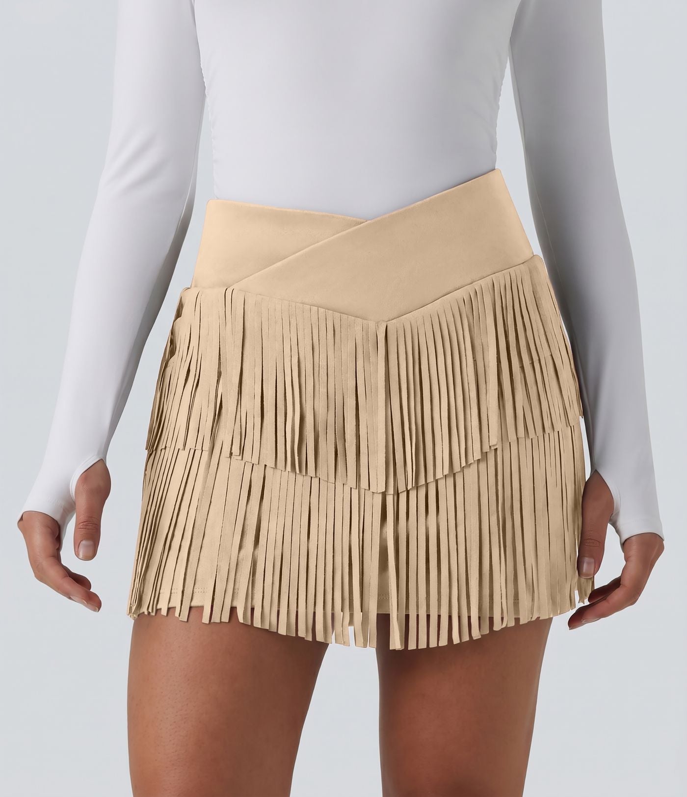 Jupe mini de soirée ajustée effet daim taille haute croisée 2-en-1 à franges