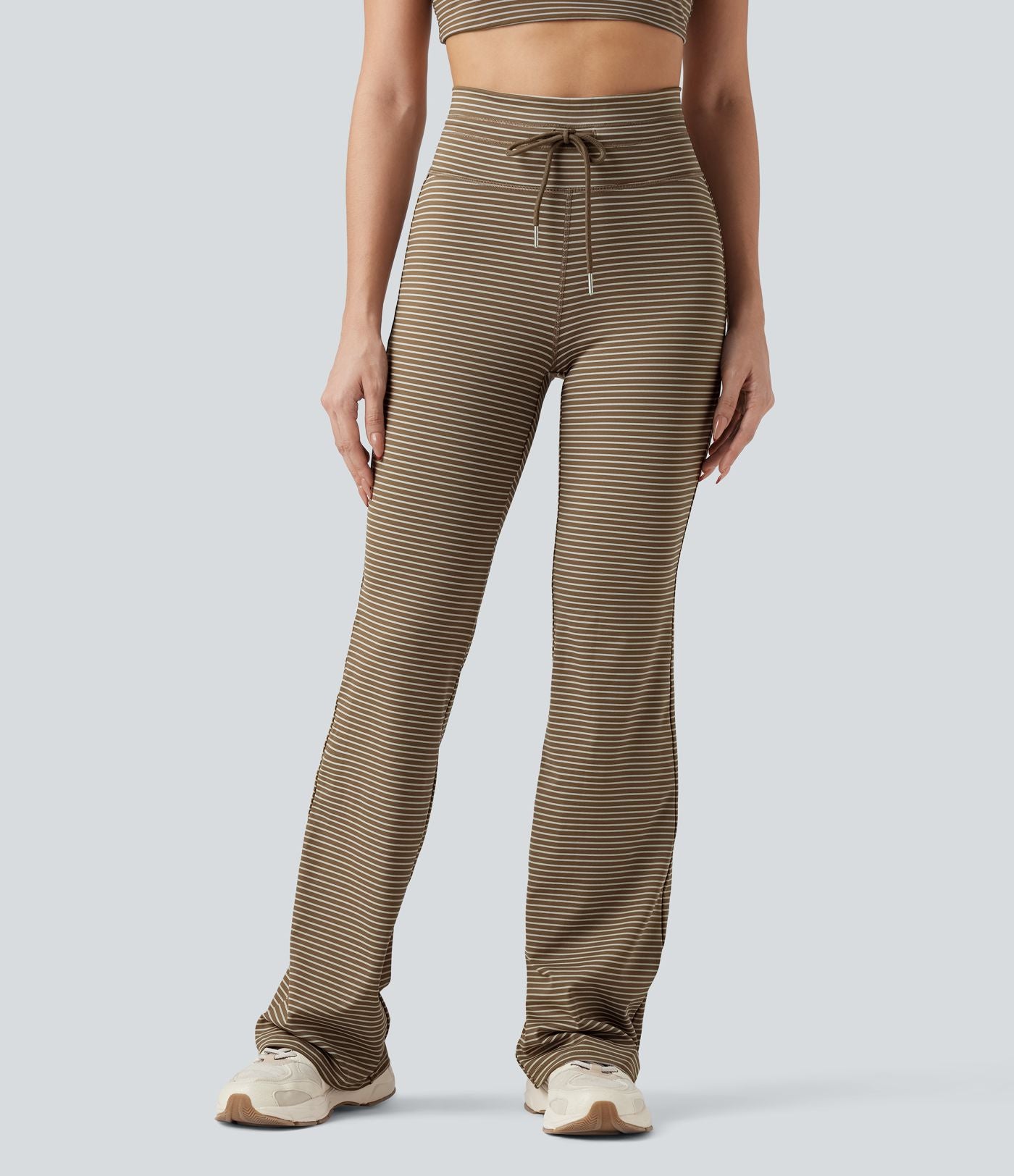 Pantalon de yoga évasé à rayures, taille haute, cordon et poches