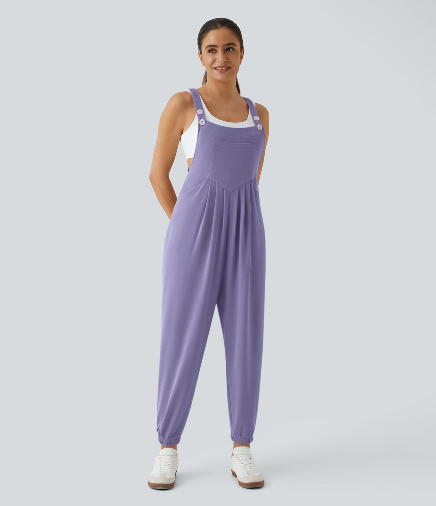 Salopette Casual Bretelles Ajustables Boutonnés Multiples Poches Plis et Tissu Gaufré