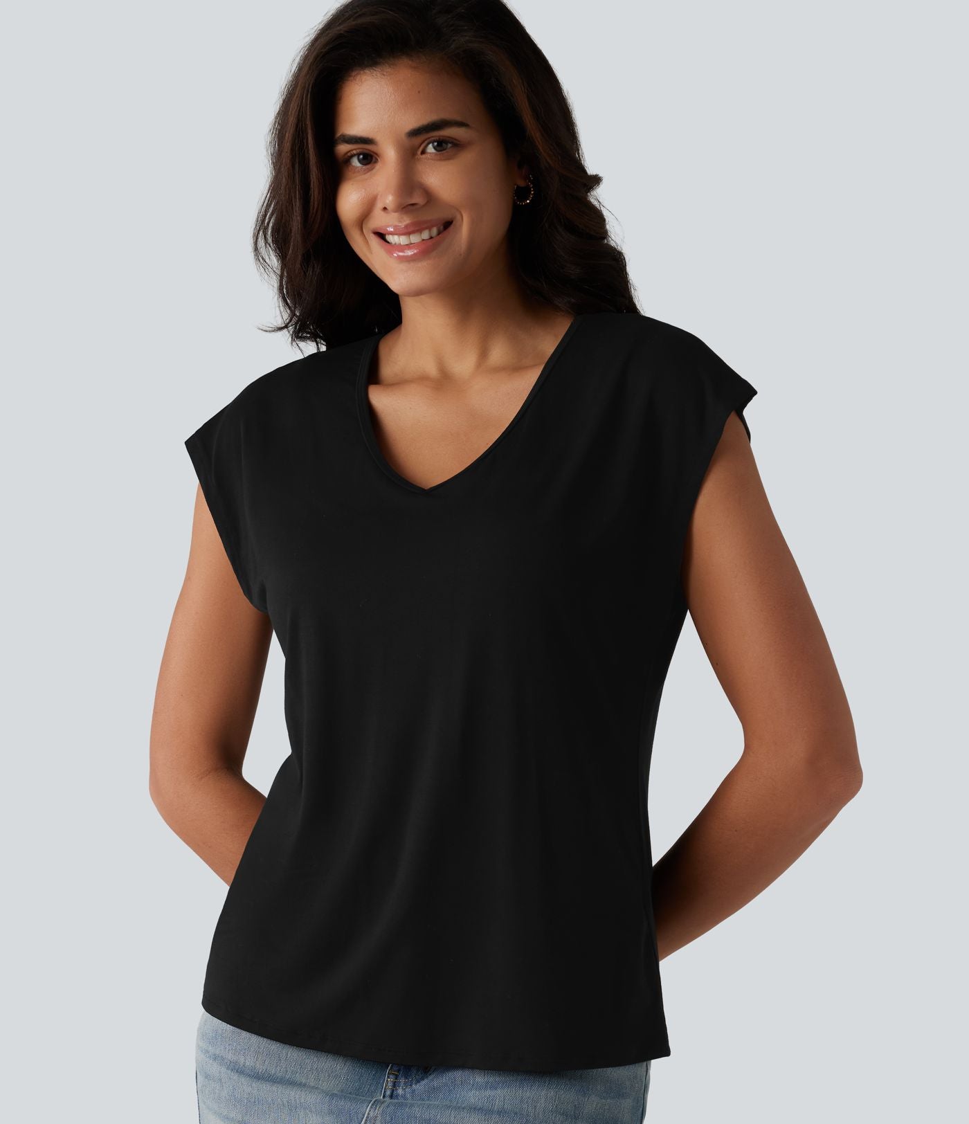 T-shirt décontracté à col V, manches courtes et soutien-gorge intégré bonnets B-DD