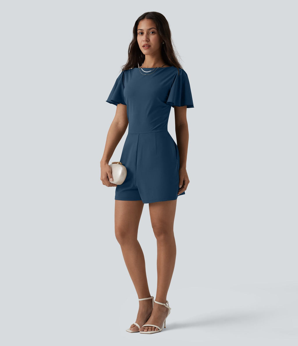 Combishort décontracté SoftlyZero™ Airy à volants manches courtes avec nœud au dos et effet frais InstantCool avec poches, accès facile Easy Peasy