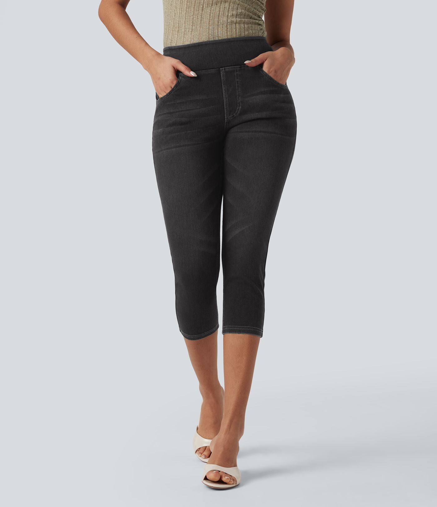 Leggings capri Halara Flex™ en jean extensible tricoté à taille haute et poches