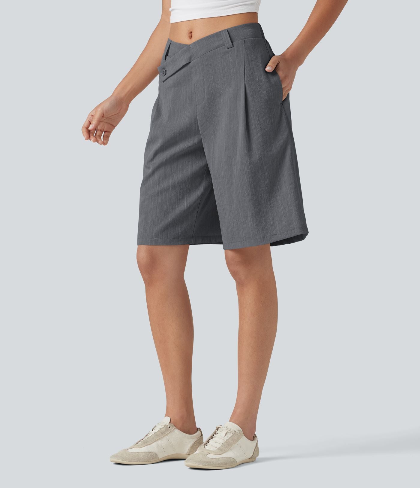 Short tailleur bermuda aspect lin taille mi-haute asymétrique 25 cm avec poches