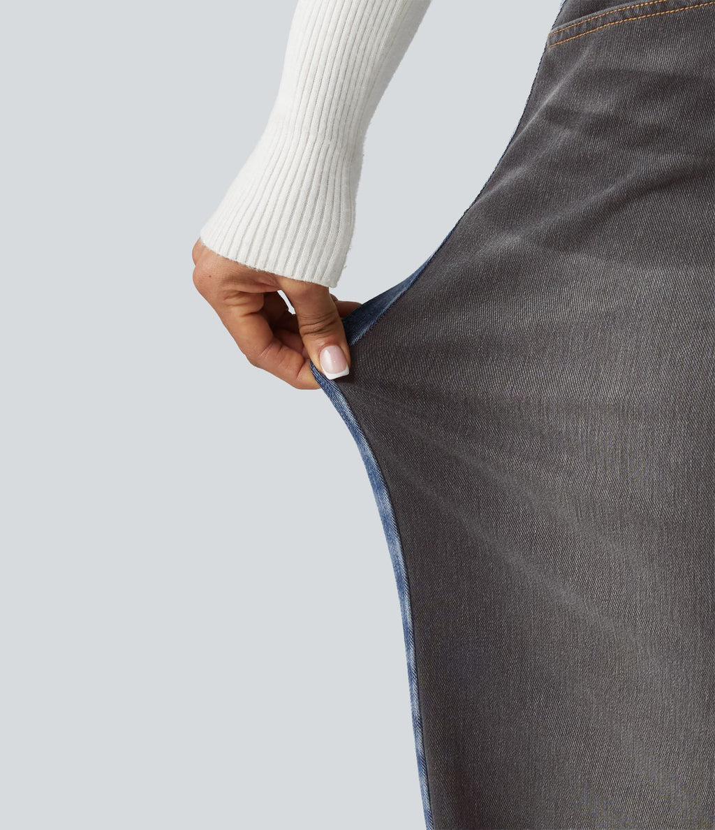 Jean barrel casual Halara Flex™ taille mi-haute color block avec poches