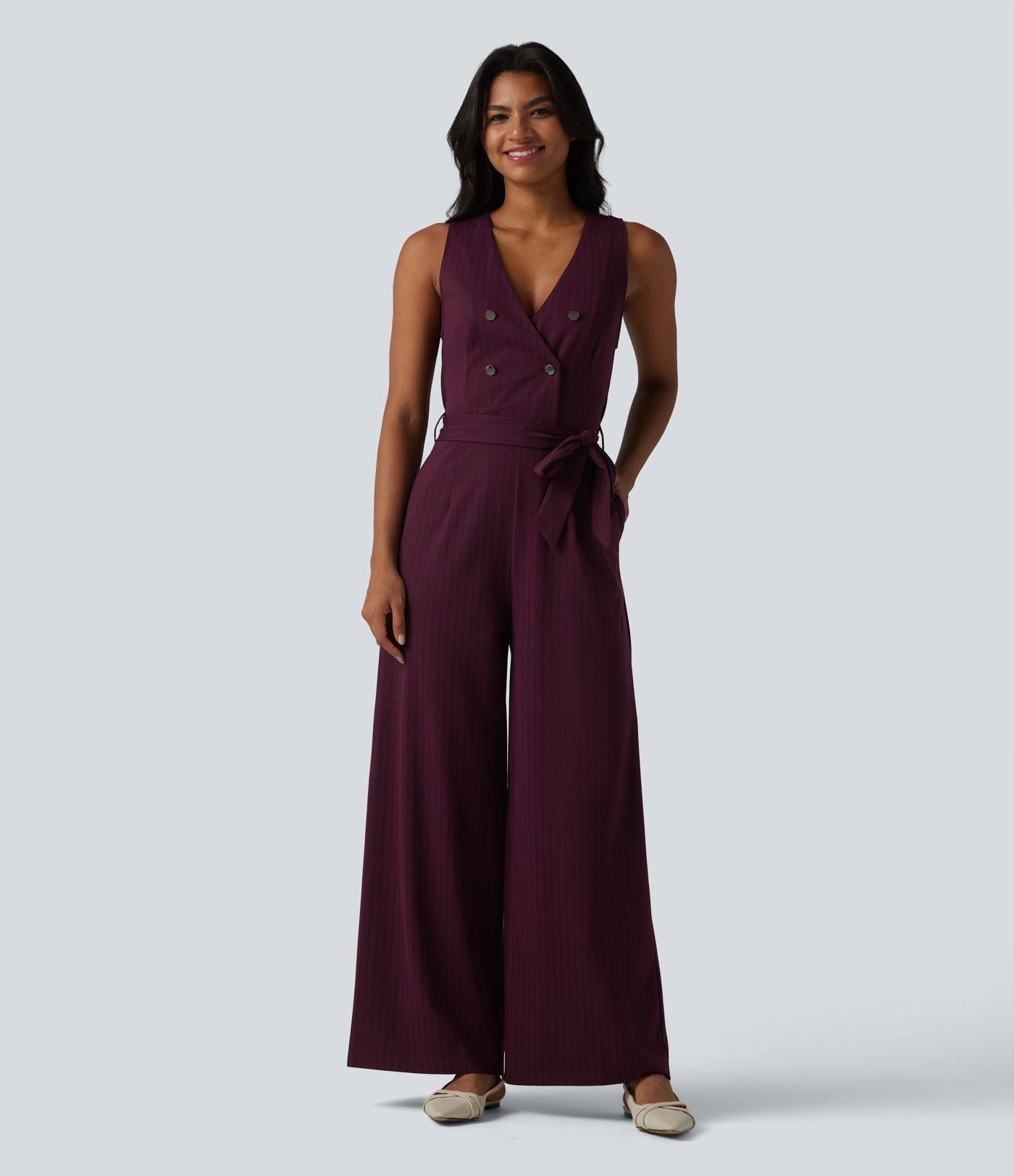 Combinaison tailleur sans manches à col V, ceinturée, avec zip invisible, rayures et effet frais avec poches, accès facile Easy Peasy