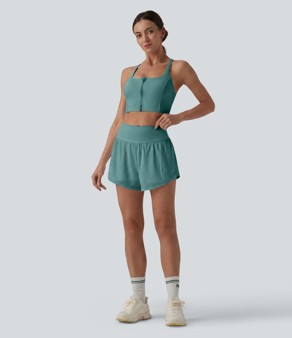 Short yoga 2-en-1 gainant taille haute à pois réfléchissants, ourlet arrondi croisé et œillets avec poches