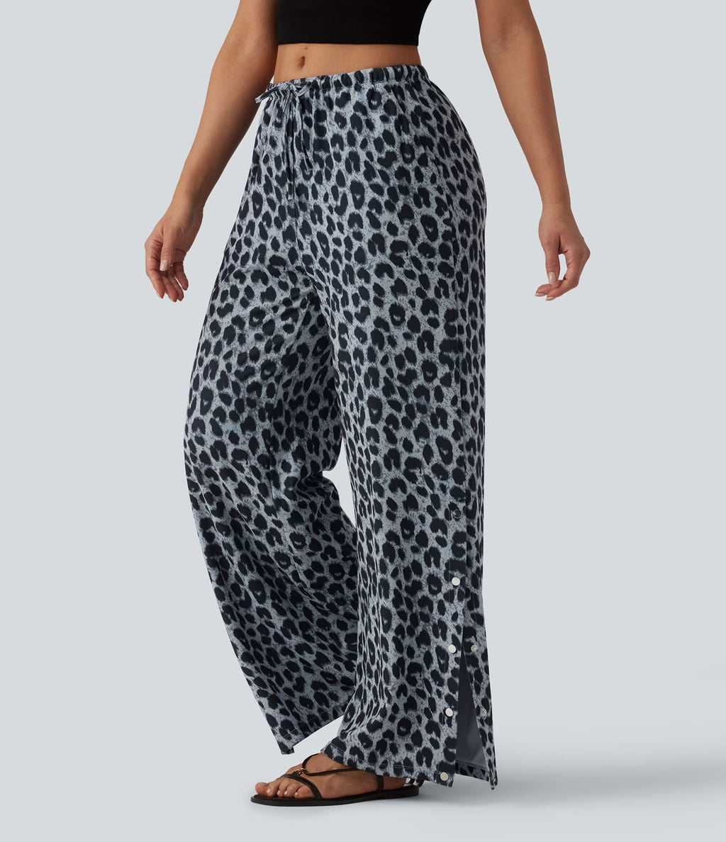 Pantalon large casual en maille gaufrée imprimé léopard taille mi-haute avec cordon de serrage et poches
