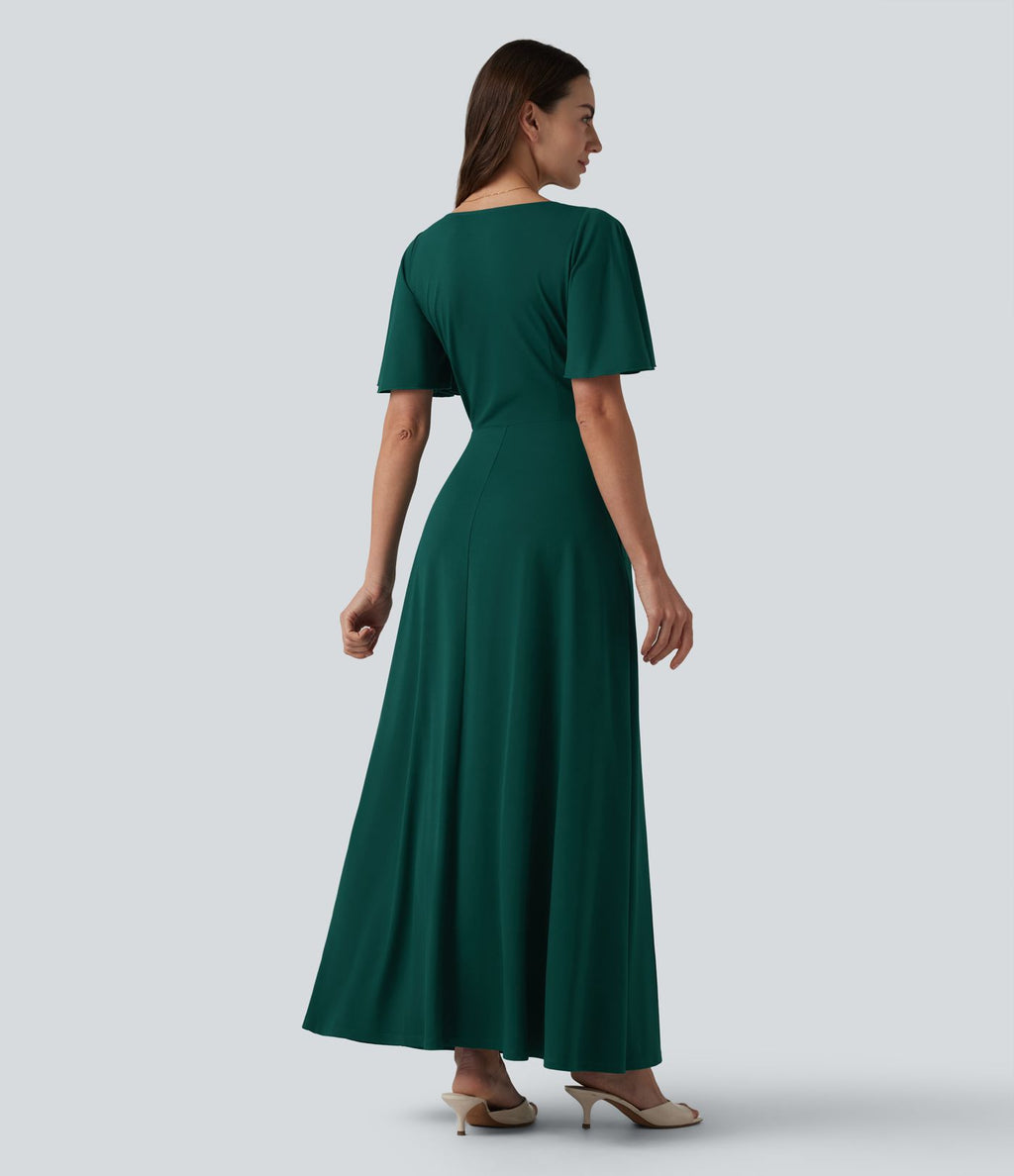 Robe longue fluide de demoiselle d'honneur et d'invitée de mariage, fendue, à manches à volants et col V profond, avec soutien-gorge intégré et poches