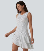 Robe mini casual à pois col rond sans manches ourlet à volants superposés