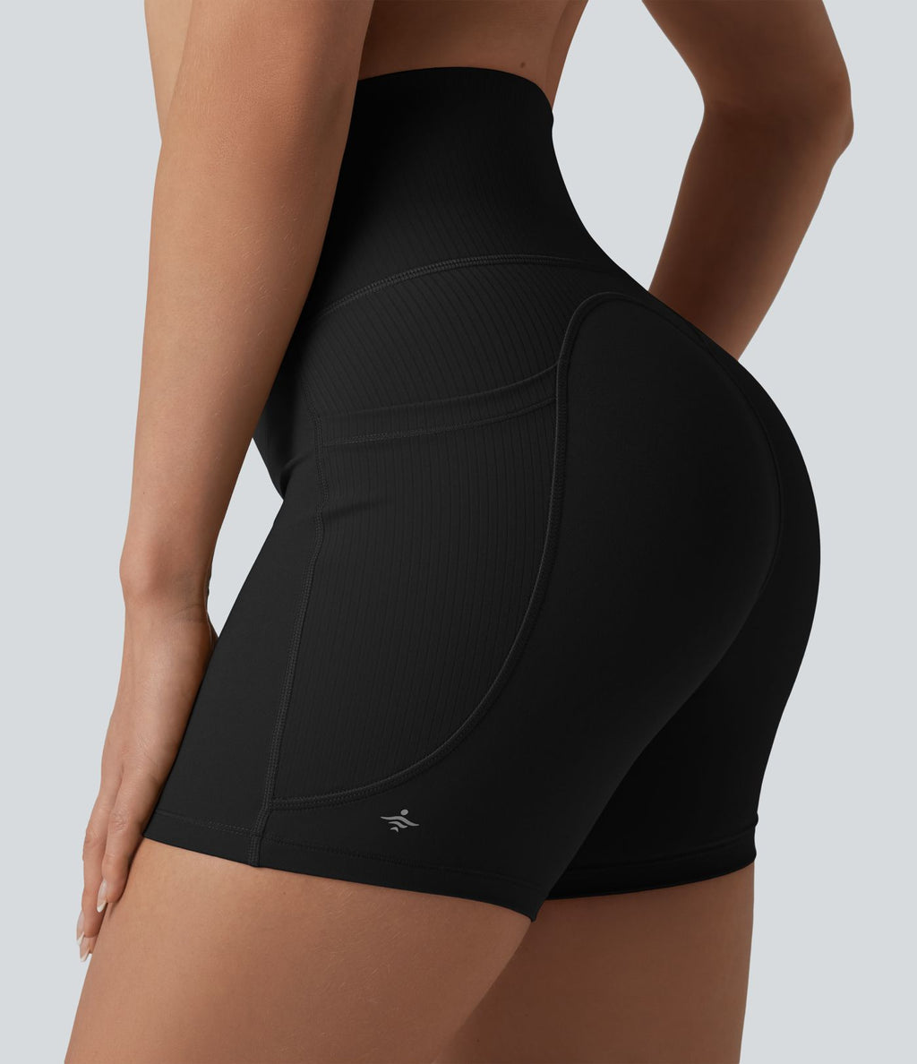 Short cycliste de yoga Halara UltraSculpt™ taille haute, ventre plat, côtelé contrasté, 12,5 cm, avec poches