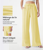 Pantalon large 2-en-1 casual en mélange de lin taille haute avec cordon et poches