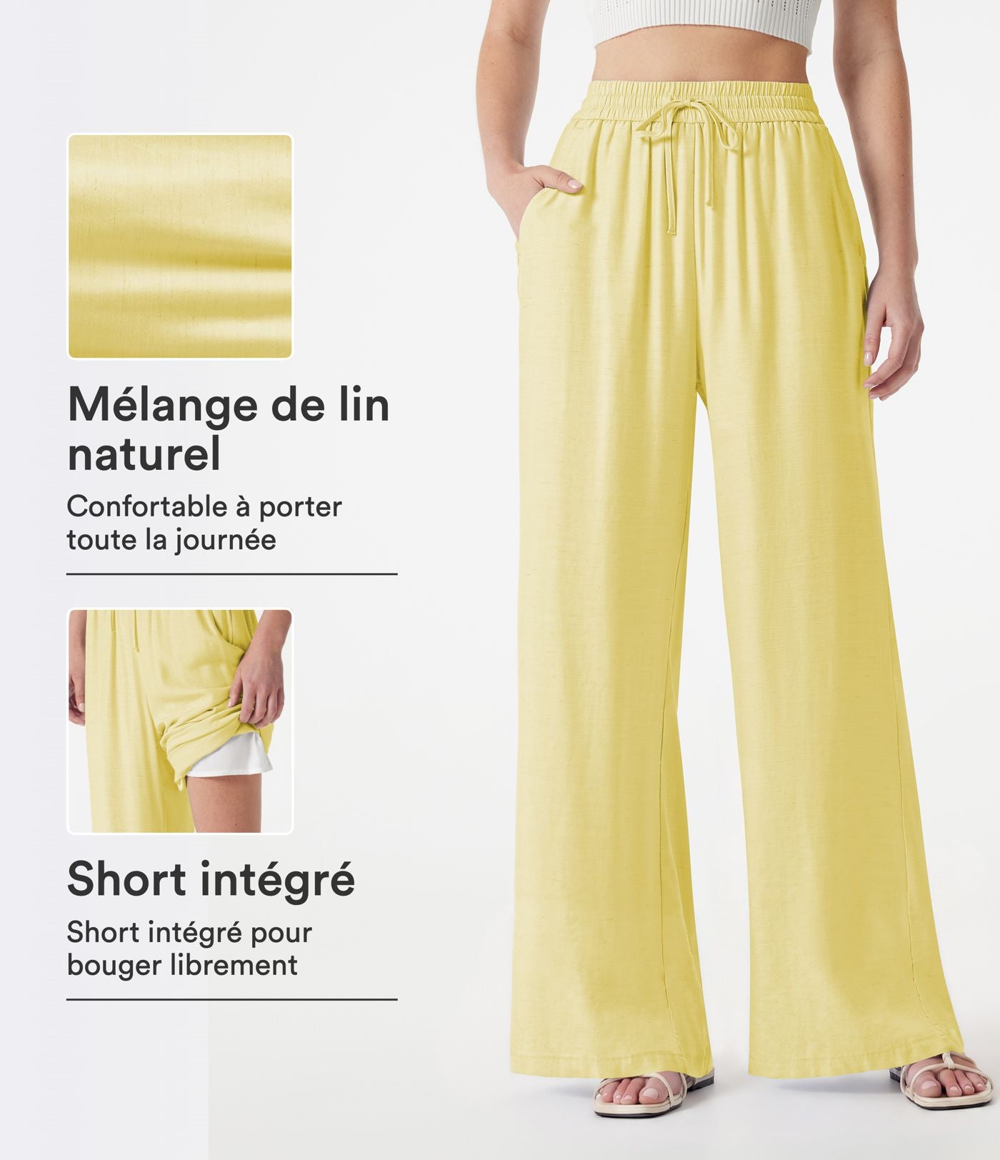 Pantalon large 2-en-1 casual en mélange de lin taille haute avec cordon et poches