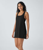 Ensemble 2 Pièces Robe Sport de Yoga Mini à Col en U Dos Nageur sans Manches avec Poches Latérales