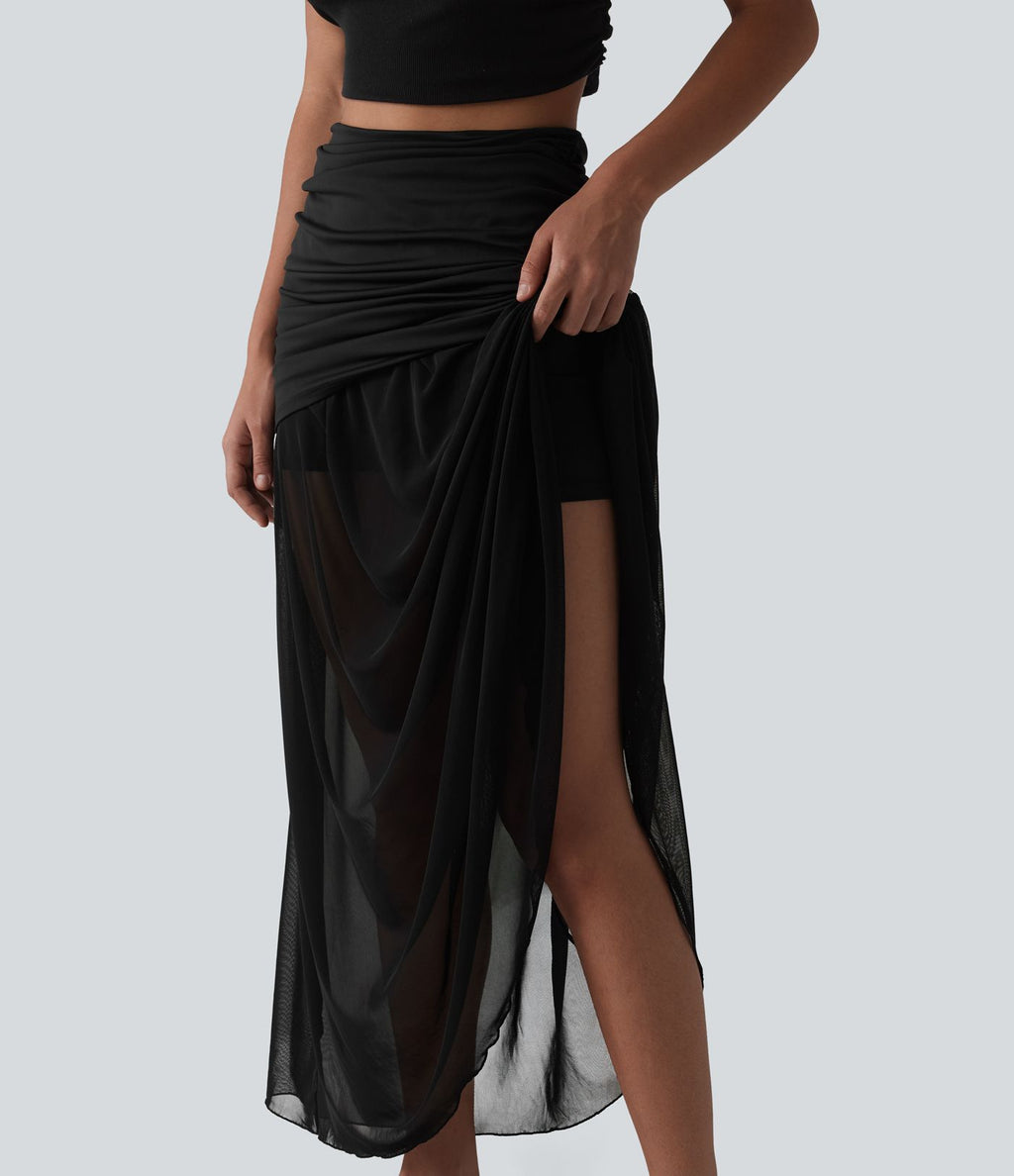 Jupe longue décontractée 2-en-1 taille haute froncée en tulle fluide