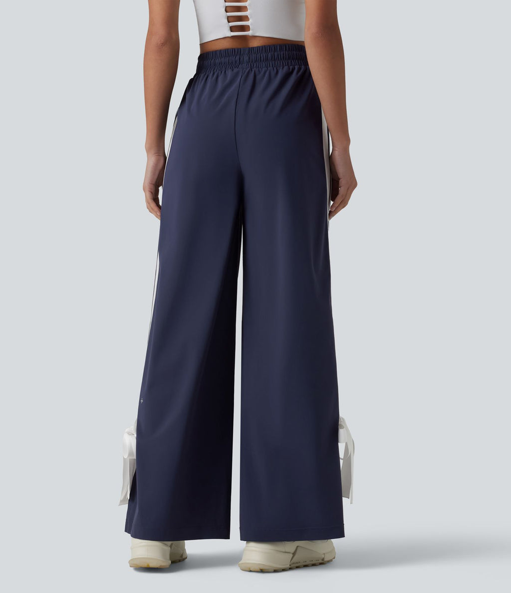 Pantalon large de course taille haute effet frais InstantCool à séchage rapide, color block à rayures avec nœud, cordon de serrage et poches, protection solaire UPF40+