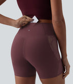 Softlyzero™ Short cycliste yoga taille haute croisé avec dentelle contrastée et poche arrière 12,5 cm - UPF50+
