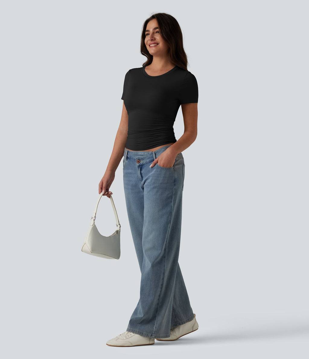 T-shirt décontracté col rond échancré à manches courtes avec soutien-gorge intégré bonnets B-DD