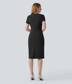 Robe de travail mi-longue anti-froissage à col V et manches courtes