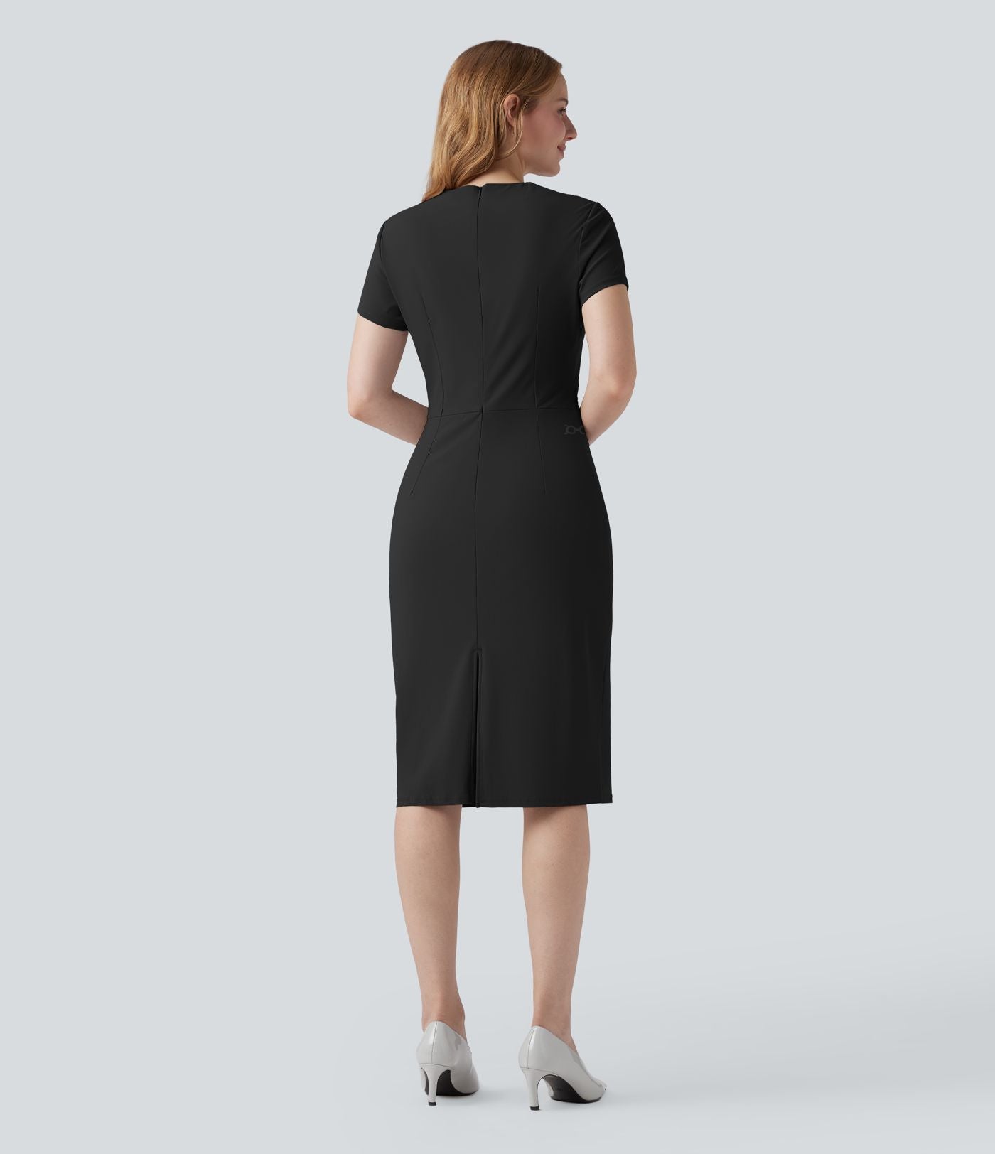 Robe de travail mi-longue anti-froissage à col V et manches courtes