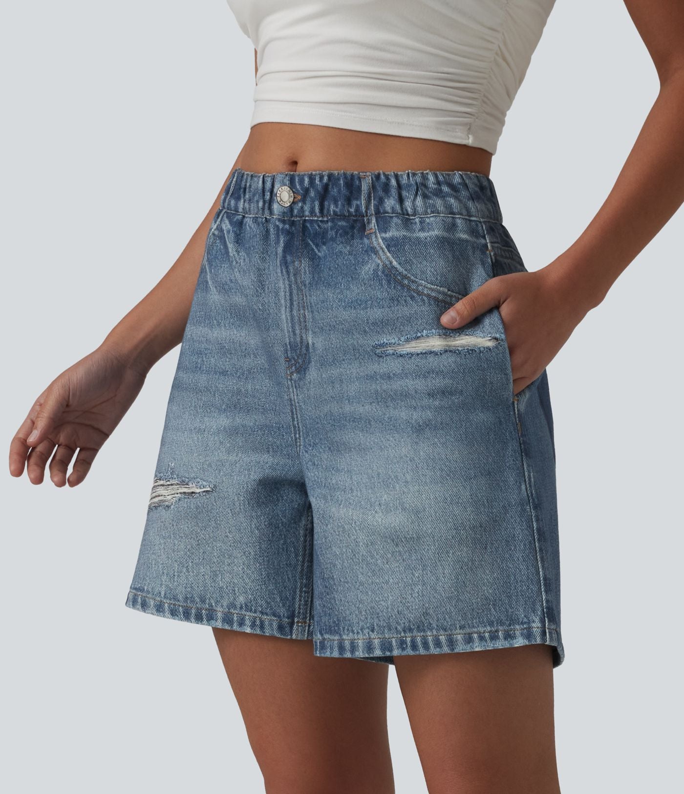 Short casual en molleton imprimé denim taille mi-haute 12,5 cm avec poches