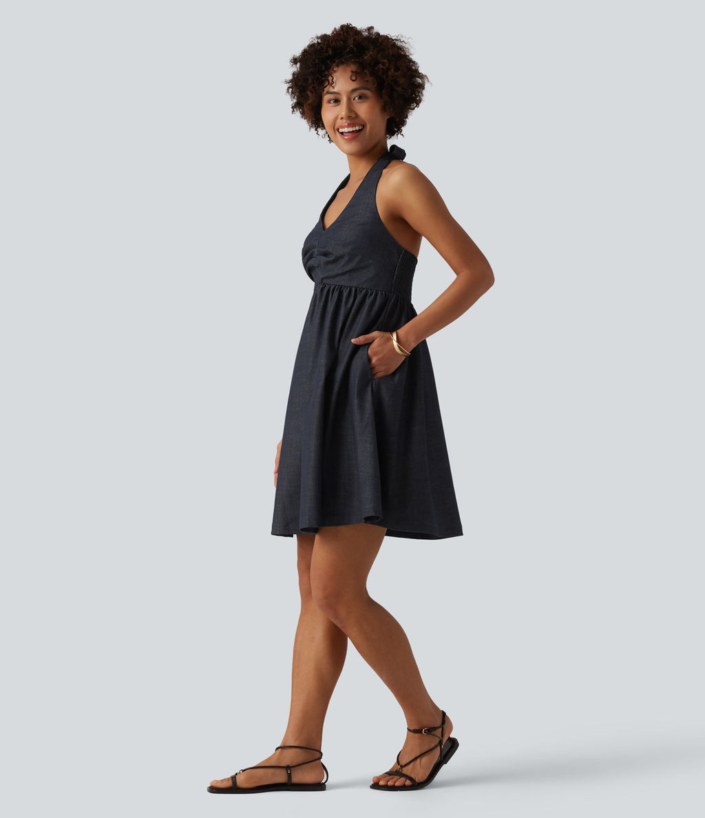 Robe resort dos-nu dos nu à smocks aspect jean avec poches