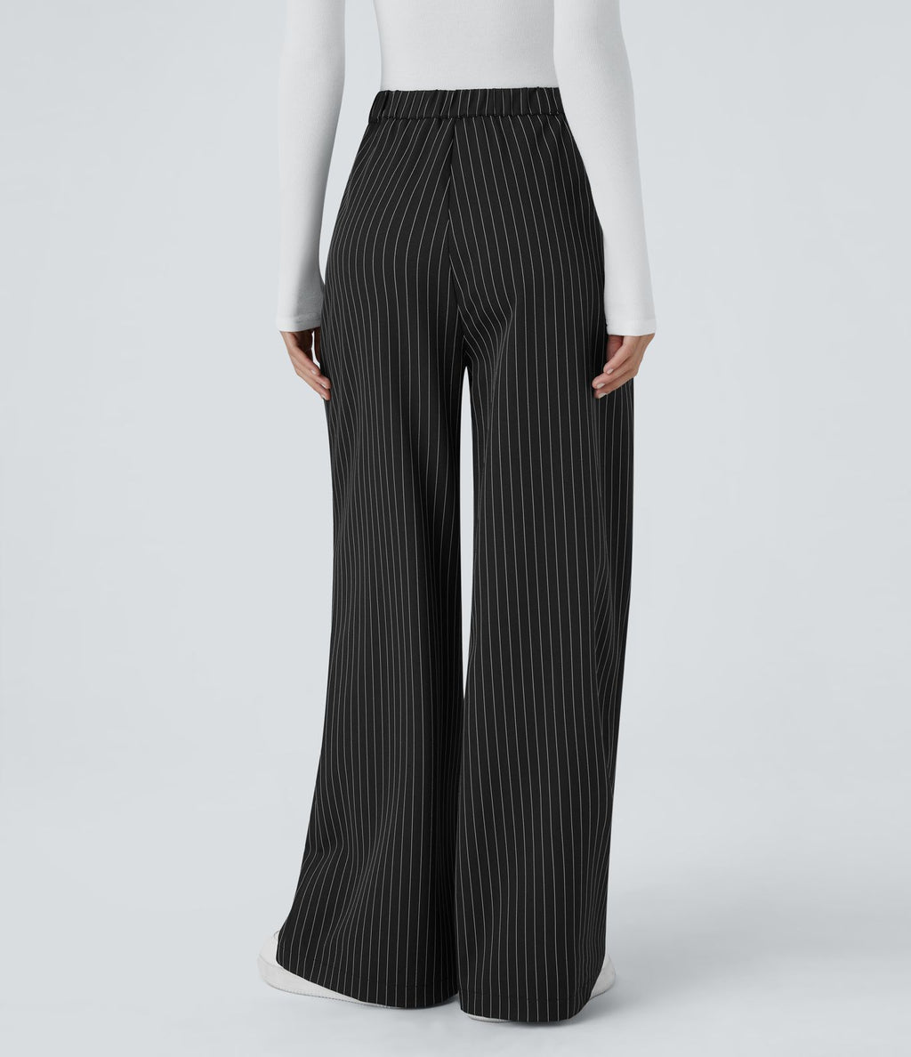 Pantalon Tailleur Large Fluide à Rayures, Taille Haute, Bouton et Fermeture Éclair, Poches Latérales