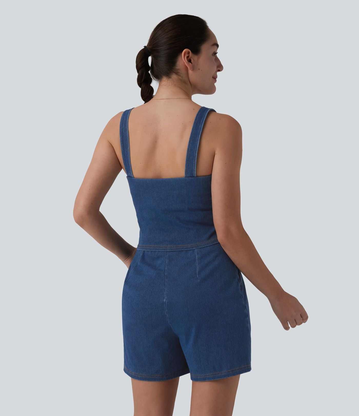 Halara Flex™ Combinaison short casual en denim sans manches à encolure carrée avec poches — Édition Easy Peasy