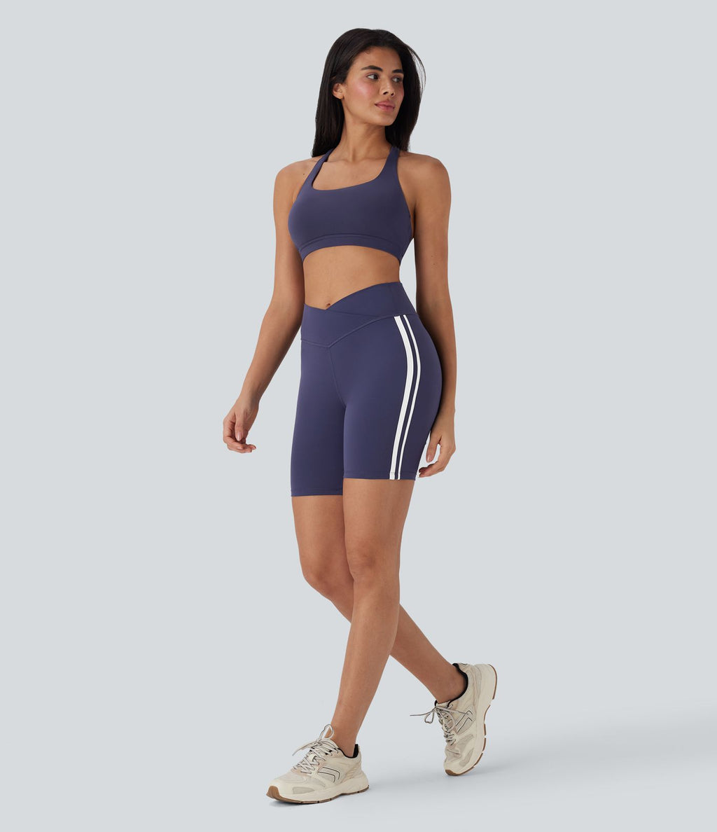Short cycliste de yoga 17,5 cm croisé à taille moyenne, bandes colorées et rayures