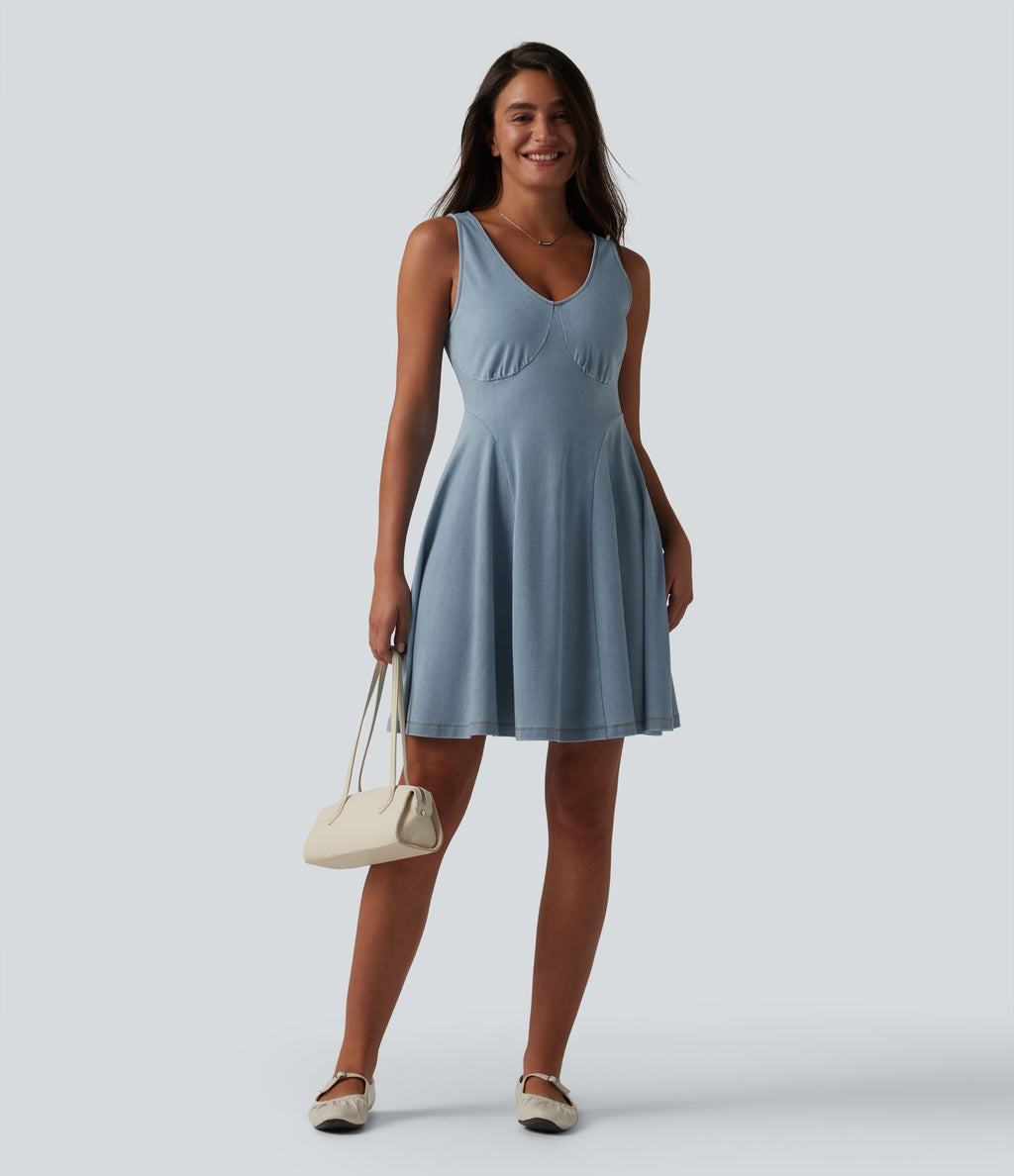 Robe évasée décontractée Halara Flex™ en denim à col V sans manches et drapée en lyocell lavé
